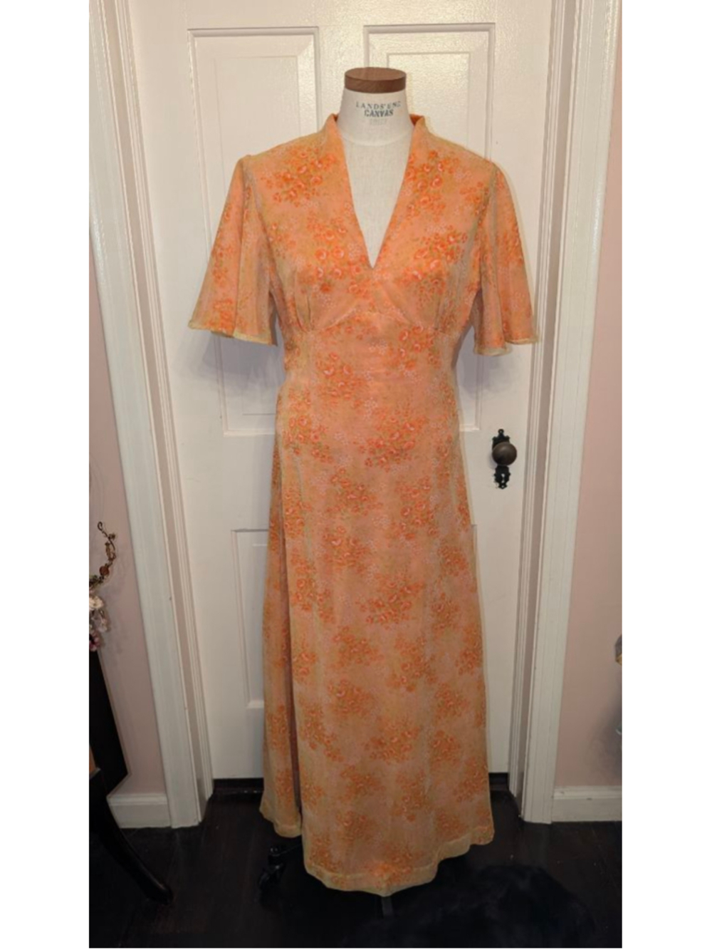 Vintage 70s Unbranded Orange Floral Maxi Dress M